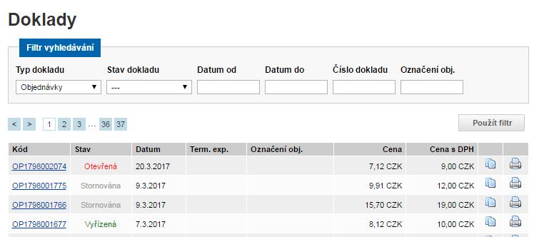 Doklad - objednávka Filtrovat lze pomocí