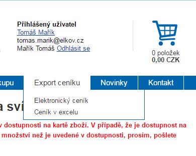 Export ceníku v excelu Po přihlášení se zobrazí pole export ceníku, kde si vyberete ceník v excelu.