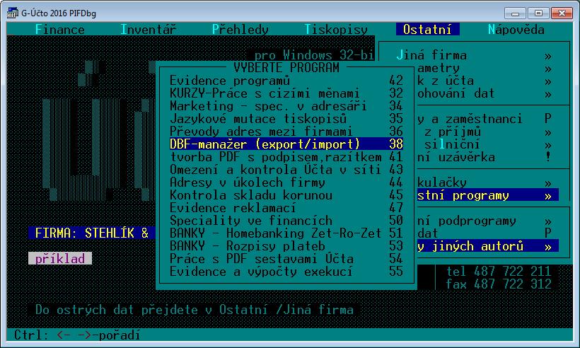 3. PŘÍPRAVA A NASTAVENÍ exportů a importů Modul je součástí Účta a spustí se z nabídky: Ostatní / Vlastní programy / Programy jiných autorů / DBF manažer (export/import) 38.