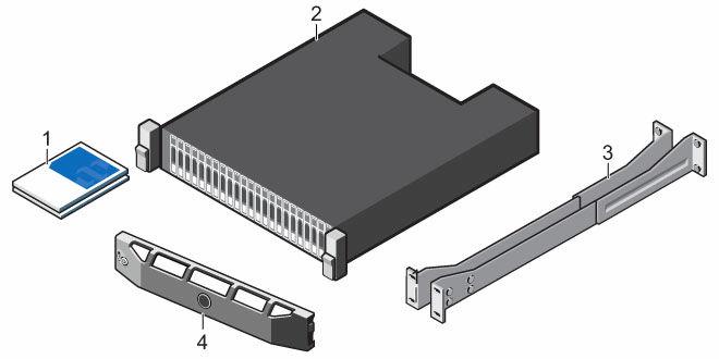 Obrázek 2. Komponenty Úložný systém SCv2000/SCv2020 1. Dokumentace 2. Úložný systém 3. Kolejnice pro stojan (2) 4.