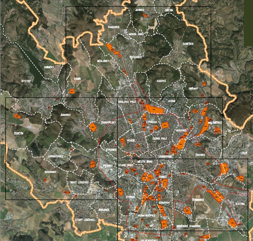 Obr.3 Mapa brownfields v Brně [3] Národní databáze brownfieldů nabízí lokality připravené pro plány domácích i zahraničních investorů.