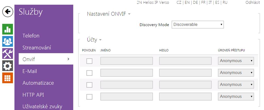 5.4.3 ONVIF Seznam parametrů Interkomy ONVIF Profile S.