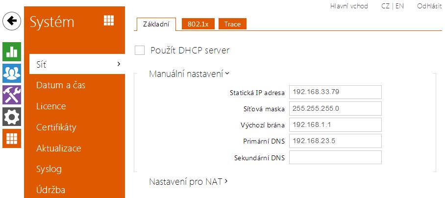 5.5.1 Síť Interkom 2N Helios IP se připojuje do lokální sítě a pro správnou funkci musí mít nastavenou platnou IP adresu, příp. může IP adresu získat z DHCP serveru v této síti.
