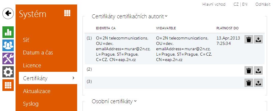 5.5.4 Certifikáty Některé síťové služby interkomu 2N Helios IP využívají pro komunikaci s ostatními zařízeními v síti zabezpečený protokol TLS.