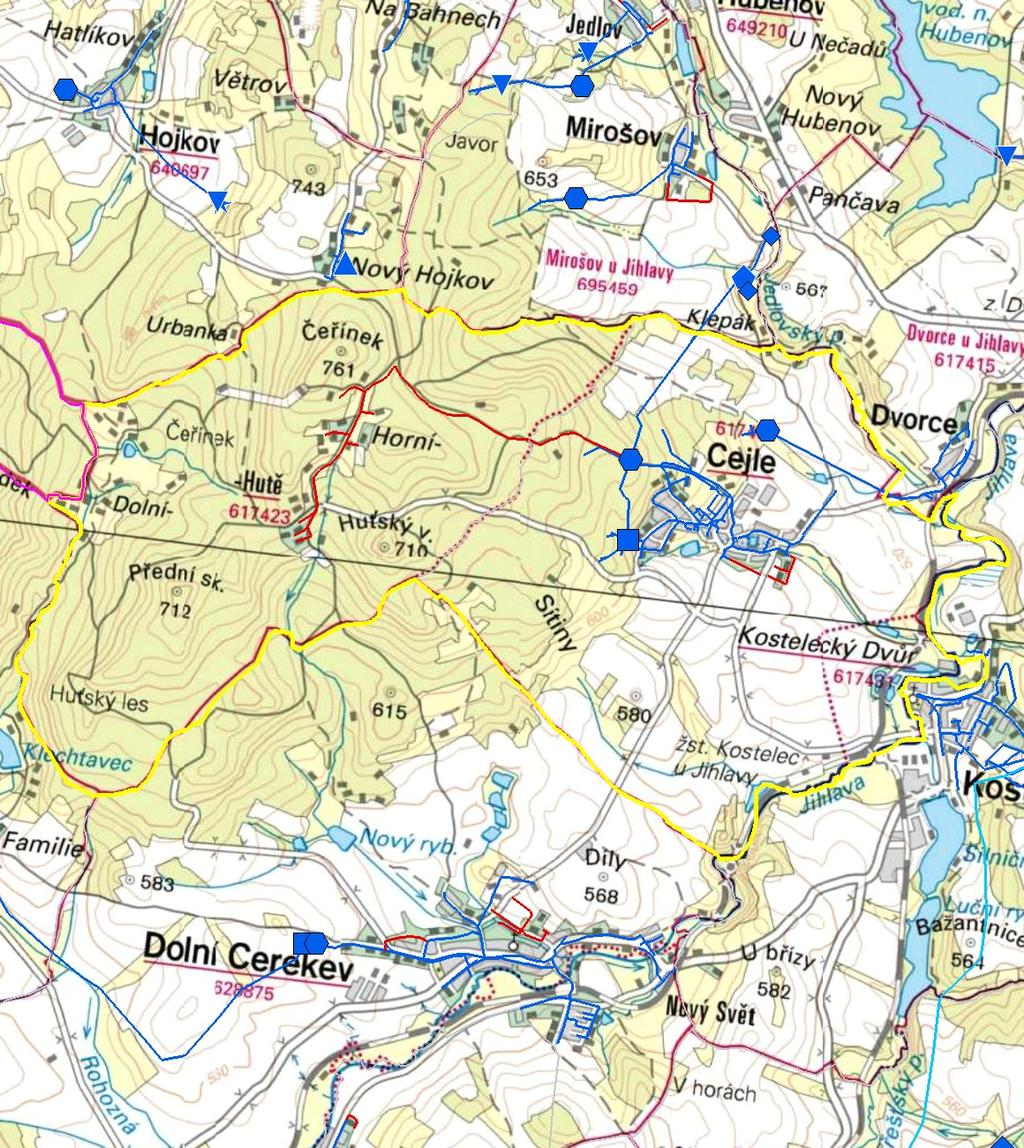 MAPA - VODOVODY Trasování sítí, lokalizace vodojemů, zdrojů, čerpacích stanic, ATS, ÚV Vodovodní řady Vodojem zemní
