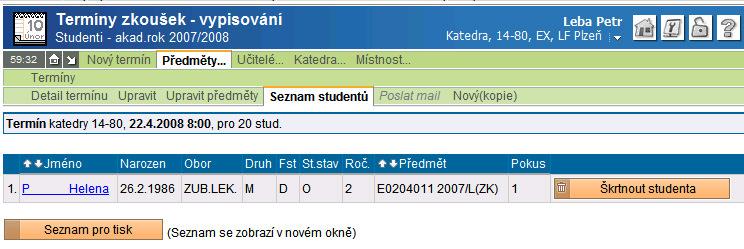 9. Odhlášení studentů Kromě ostatních důvodů pro odhlašování studentů, je odhlášení studentů z termínu nezbytné pro to aby jste mohli daný termín zrušit. 3.