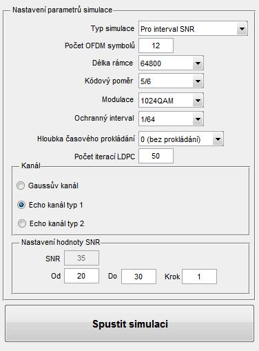 Obr. 2.3: Vstupní parametry aplikace. Počet iterací LDPC dekodéru ovlivňuje účinnost dekódování, zároveň má však vliv na jeho rychlost, což je podrobně diskutováno v Kap. 3.1.