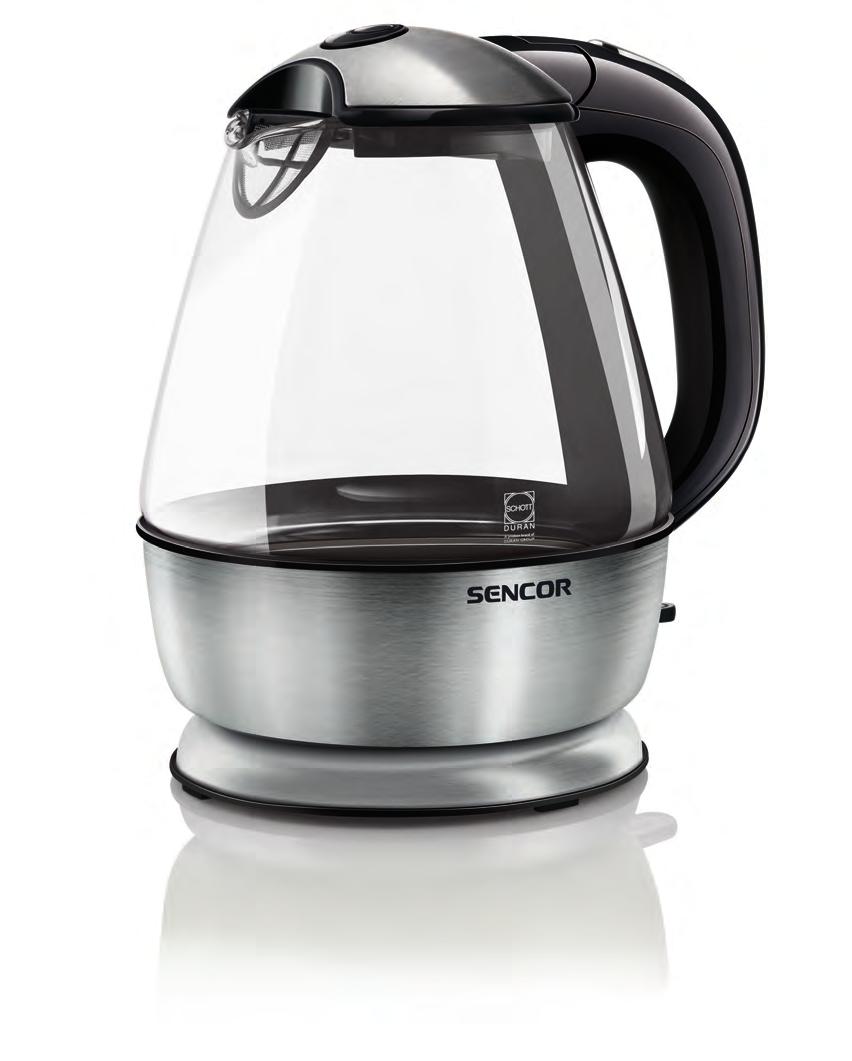 Varné konvice SWK 1580BK Rychlovarná skleněná konvice Objem 1,5 l Provedení kvalitní německé sklo Schott a nerezová ocel Omyvatelný filtr pro zachycení nečistot a usazenin Oboustranný vodoznak