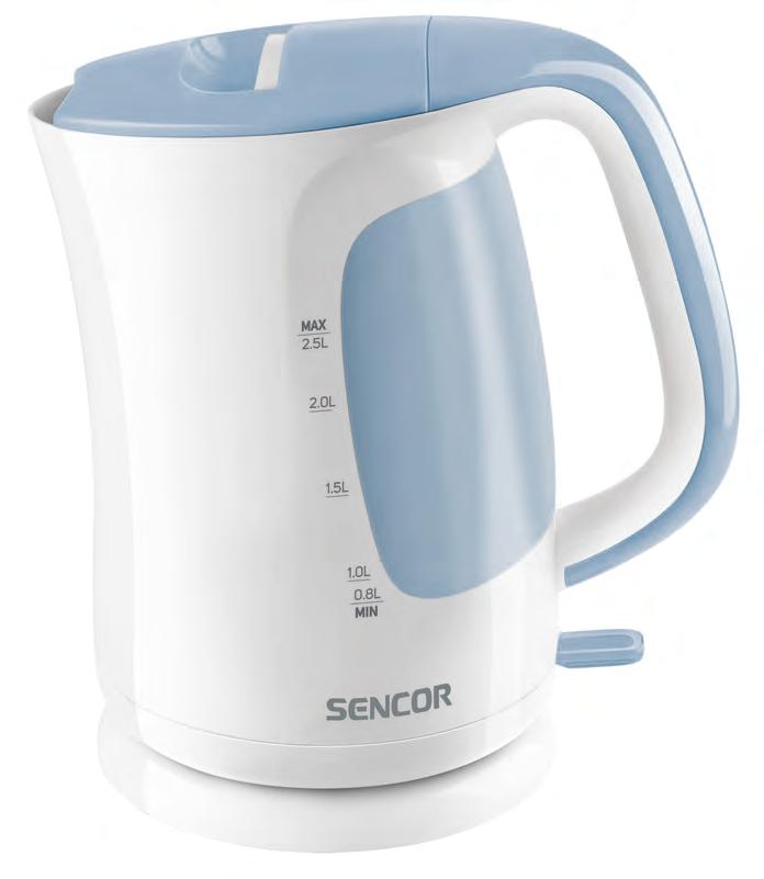 Varné konvice SWK 2511BK SWK 2510WH Varná konvice Objem 2,5 l Oboustranný vodoznak Ergonomicky tvarovaná rukojeť Snímatelný a omyvatelný