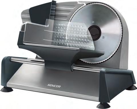 Kráječe potravin SFS 4050SS Kráječ potravin Nerezový odnímatelný krájecí kotouč (průměr 190 mm) Otočný regulátor pro plynule nastavitelnou šířku řezu (1-15 mm) Odnímatelný pojezd (190 x 162 mm) s