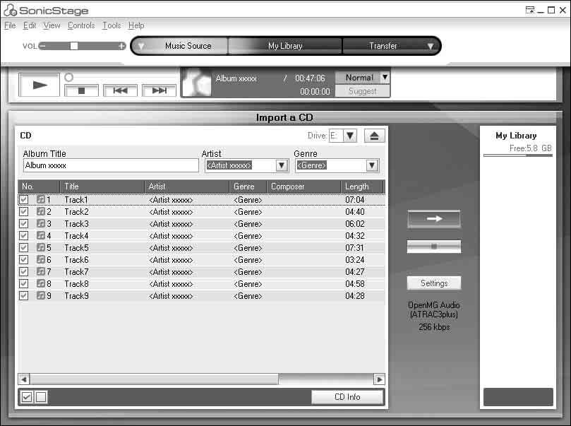 Používání softwaru SonicStage Import audio dat V této části je popsán způsob nahrávání a ukládání audio dat z disku CD audio do knihovny My Library v softwaru SonicStage na pevném disku počítače.