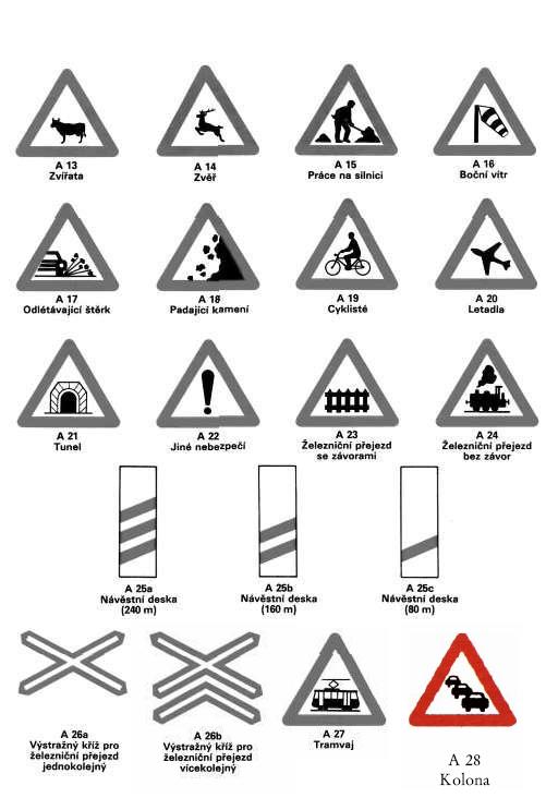 A A A A A 13 A A AA Zvířete A 17 Odlátávajicl itérk AU Zvéf A 18 Padající kamení A22 Jiné nebezpečí A 16 Práce na sítnici A 19 Cyklisté A23 Železniční přejezd $e závorám* A i& Bctfní vítr A 20