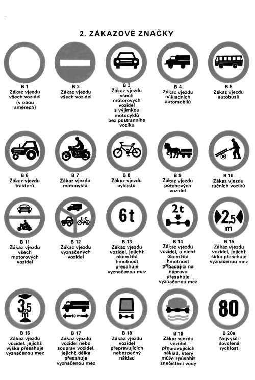 2. ZÁKAZOVÉ ZNAČKY Žáka* vjezdu viech vozidel )v obou směrech) B2 viech vozidel všech motorových vozidel s výjimkou motocyklů bez postranního vozíku nákladních automobilu B5 autobusu B6 traktorů B7