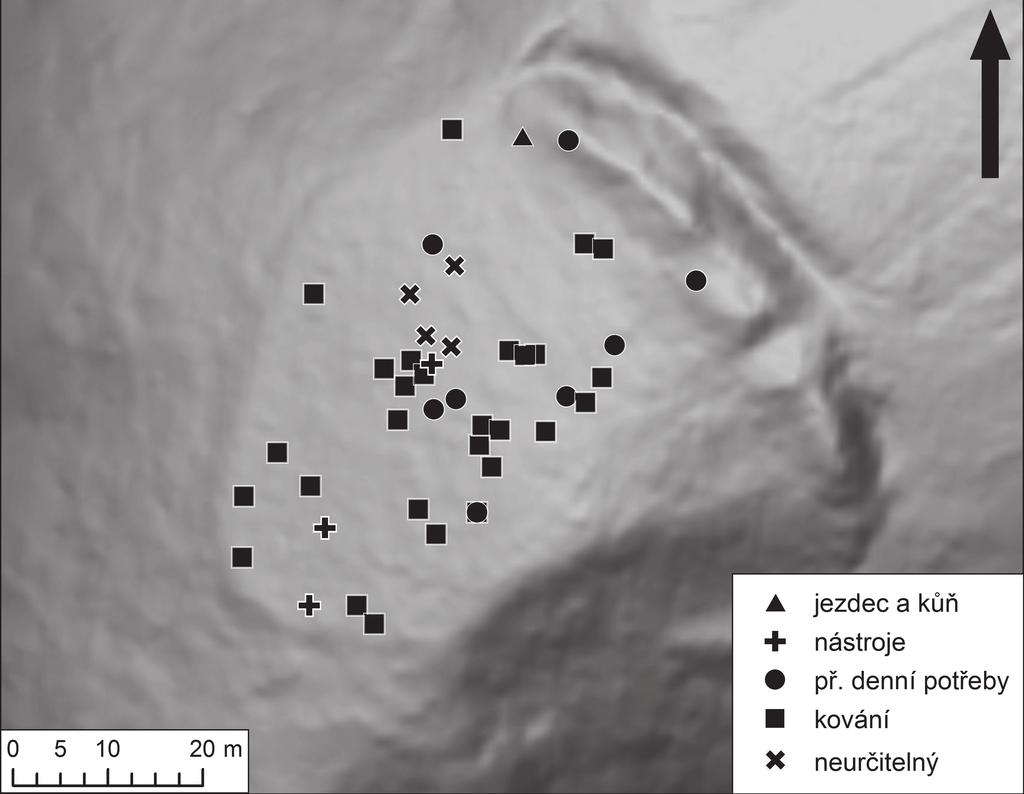Obr. 7. Hamry Na šancích. Prostorová distribuce nálezů detektorového průzkumu. Fig. 7. Hamry Na šancích. Spatial distribution of finds from a detector survey.