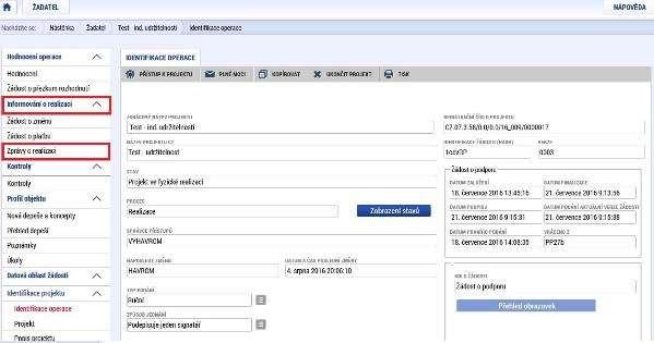 Na vybraném projektu uživatel vstoupí do modulu Informování o realizaci, kde si otevře záložku Zprávy o realizaci.