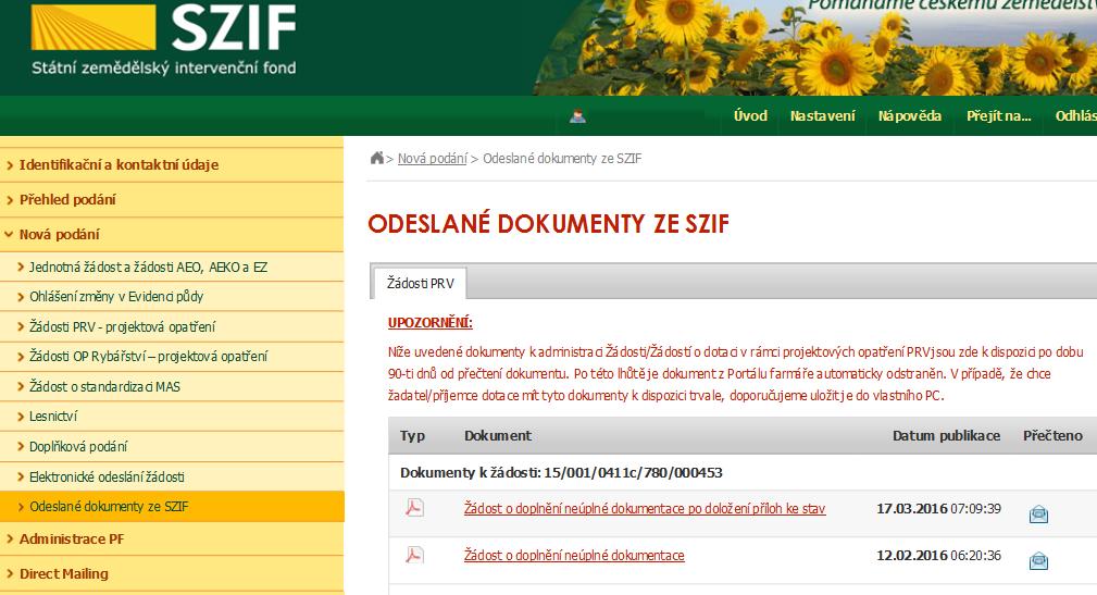 Portál farmáře dokumenty doručené ze SZIF Veškeré informace, dopisy k žádosti (reg.