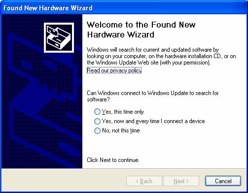 Kapitola 2 Obrázok 18: Obrazovka Found New Hardware Wizard Connect to Update (Sprievodca pre nový nájdený hardvér Pripojiť sa na aktualizáciu) V obrazovke Found New