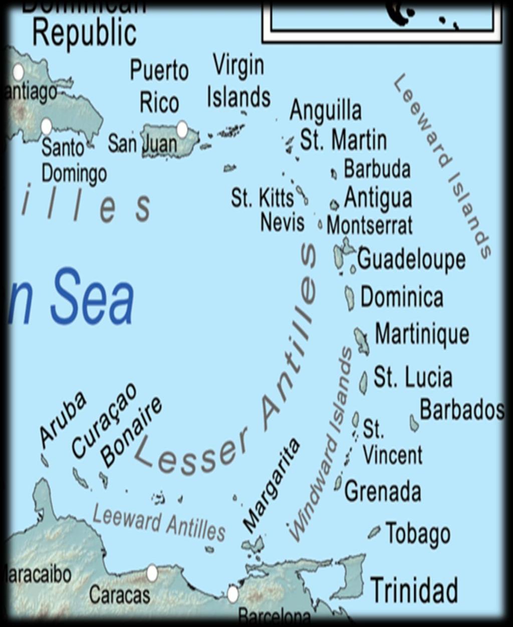 MALÉ ANTILY: Záveterné ostrovy (severná vetva): Panenské ostrovy, Anguilla, Svätý Martin, Barbuda, Antigua, Montserrat, Guadeloupe, Dominika, Nevis, Saba, Svätý Bartolomej, Svätý