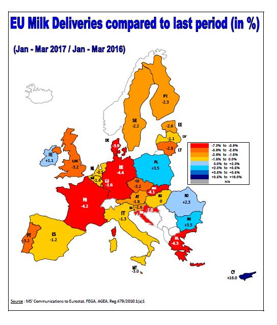 Dodávky mléka v EU (%) Srovnání leden-březen