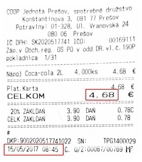 DDMMRRRR je dátum vzniku pokladničného dokladu, HHMM je čas vzniku pokladničného dokladu,, je celková suma platenej ceny na pokladničnom doklade.