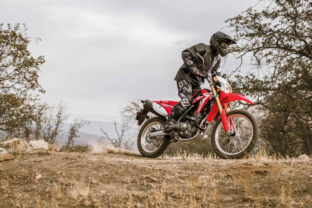 17 18 CRF250l PŘIPRAVENA NA COKOLI Oblečená v nové kapotáži, vypůjčené od modelu CRF450R, je