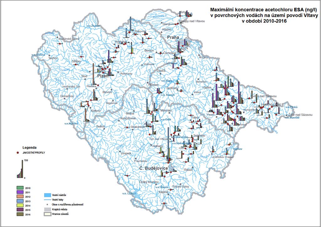 Dusíkaté pesticidy potoky, říčky a řeky Acetochlor ESA ng/l roční průměry 2010-2016 Zdroje: zemědělské oblasti s pěstováním kukuřice a řepky