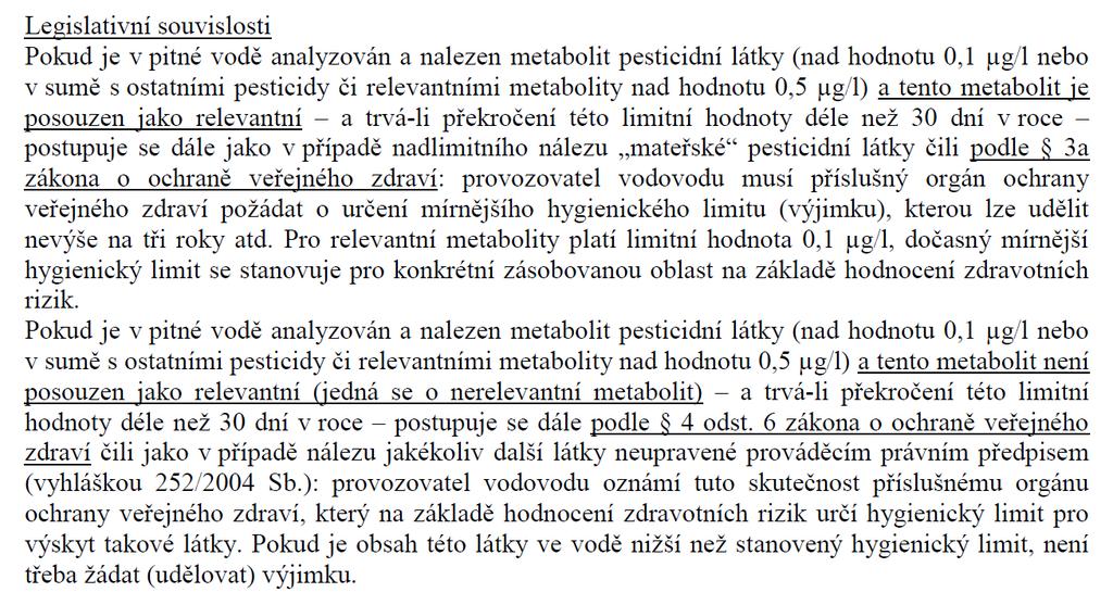 Vyhláška surová a pitná voda Vyhláška 428/2001 surová voda, organické kontaminanty řeší jen částečně (relevance) Vyhláška 252/2004 pitná voda, organické kontaminanty řeší jen částečně