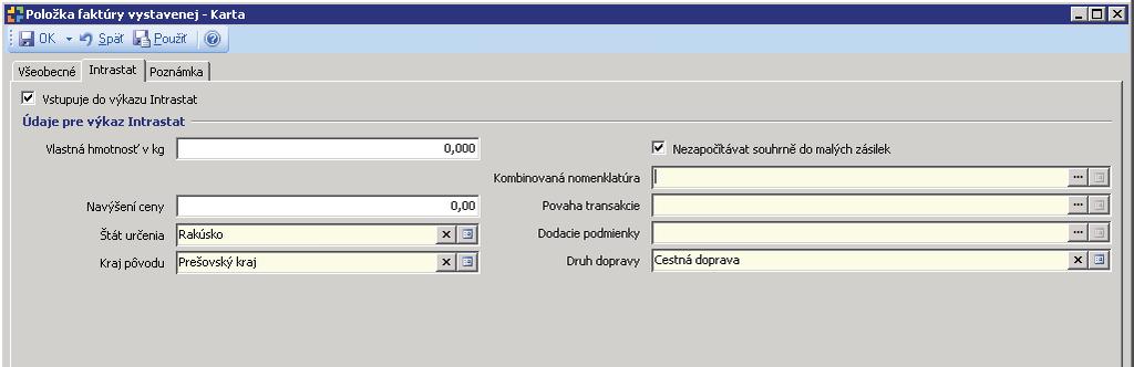 Hlavička dokladu Vstupuje do výkazu Intrastat zaškrtnutie určuje, či doklad bude zahrnutý do spracovania výkazu.