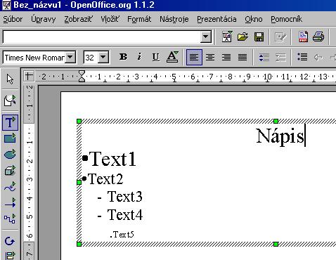 Editovanie nastavenia Vytvorenie odrážok/číselných zoznamov Zmena typu odrážok Klikni do textu, tak že sa označí šedý okraj schránky textu má zelené body pre zmenu