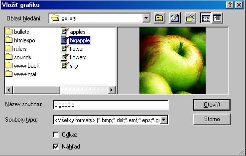 Editovanie nastavenia Import grafiky Zvoľ obraz zo súboru pre vloženie do