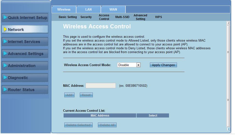 Řízení přístupu k bezdrátové síti Stránka Access Control (Řízení přístupu) umožňuje povolit nebo zakázat konkrétním klientům přístup k vaší bezdrátové síti.