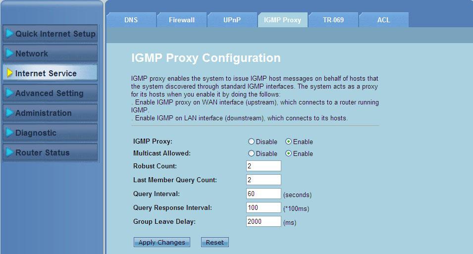 Konfigurování nastavení konfigurace IGMP Stránka IGMP (Internet Group Management Protocol) Proxy Configuration (Konfigurace proxy IGMP) umožňuje konfigurovat množství paketů IPTV, které lze obdržet