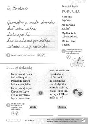 Veci okolo nás Bez názvu (Mária Števková) Porucha (František Rojček) Ľudové riekanky Čítanka k Šlabikáru LIPKA, strana 47 Návrh prípravy na vyučovaciu hodinu 186 (http://www.aitec.