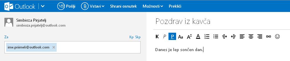 Ob kliku na gumb Novo, se nam odpre naslednje okno: Vnesemo zadevo (npr. Vabilo, pozdrav). Vnesemo elektronski naslov prejemnika.