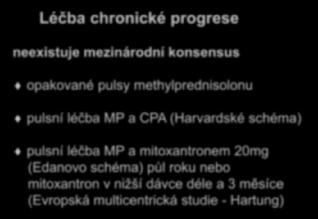 Léčba chronické progrese neexistuje mezinárodní konsensus opakované pulsy methylprednisolonu pulsní léčba MP a CPA (Harvardské schéma) pulsní léčba MP a mitoxantronem 20mg (Edanovo