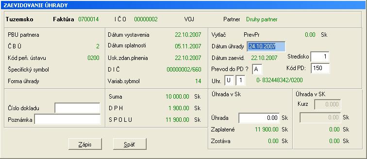 o o zapíšte cenu bez DPH a DPH v sume (so znamienkom mínus), ktorú potrebujete vyúčtovať do DF kód PD je kód pohybu, ktorý ste použili pri zaplatení ZF Program po ukončení