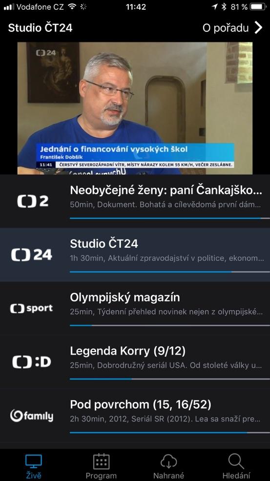 seznam dostupných televizních stanic se základními informacemi o