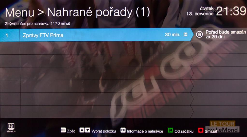 3.2.3. Nahrané pořady Zobrazení nahraných pořadů je možné z hlavního menu. Obsahuje seznam nahraných pořadů včetně informací po jakou dobu bude každý pořad uložen.