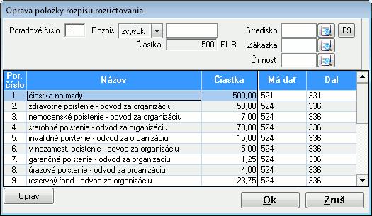 140 OLYMP MZDY A PERSONALISTIKA Formulár ďalej obsahuje predkontácie pre zaúčtovanie do podvojného účtovníctva. Jednotlivé predkontácie vychádzajú z toho, akú zložku mzdy práve rozúčtovávate.