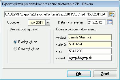 6 EXPORTY 187 Od roku 2012 výkaz nie je potrebné zasielať do zdravotných poisťovní. Po výbere voľby Exporty - Export zdravotného poistenia Prihlášky a odhlášky, Zmeny platiteľa, resp.