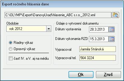 opravy. Použitím voľby Exporty - Export pre daňový úrad - Hlásenie o vyúčtovaní dane - XML program vygeneruje xml štruktúru celého ročného hlásenia pre daňový úrad.