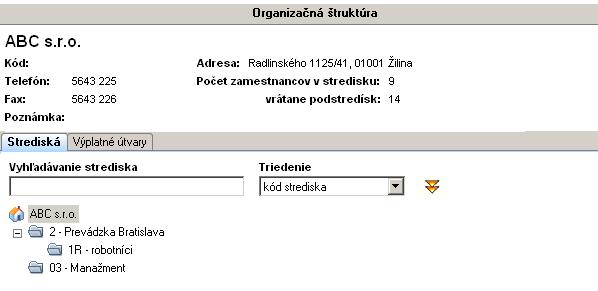 Zobrazenie je formou rozbaľovacieho stromu (kapitola 2.2 Ovládacie prvky programu [str. 31]. Na informatívnej karte je možné strediská usporiadať podľa názvu alebo kódu.