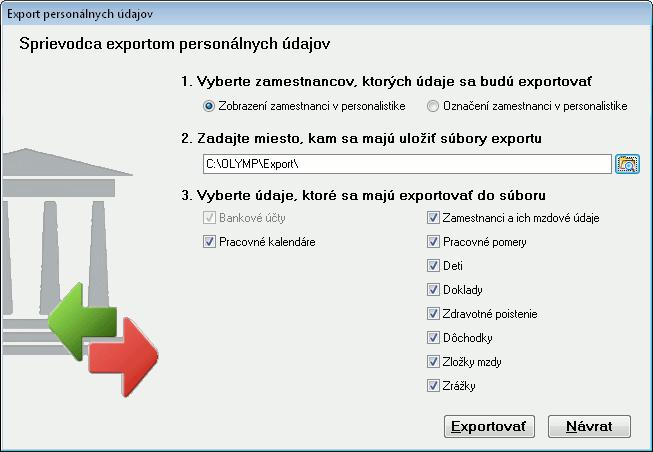 Vyberte zamestnancov, ktorých chcete exportovať, zadajte miesto, kde sa majú exportné súbory uložiť, označte údaje, ktoré sa majú exportovať.