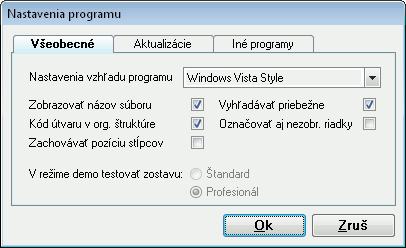 Nastavenia sú prevažne naviazané na konkrétnu firmu a určujú správanie programu pri niektorých výpočtoch, zatváraní firmy a podobne. Od výberu firmy sú nezávislé Nastavenia programu a Heslo programu.