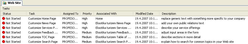 Čarovnik za izdelavo spleta se zapre, znajdemo se v drugem pogledu in sicer v Tasks view (pregled opravil).