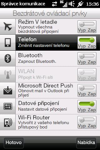 windows > Telefon > Nabídka > Zobrazit možnosti > ID volajícího > Každému / Nikomu / Pouze kontaktům > Hotovo Tipy a triky Vypnutí přihlašování k 3G síti Standardně je HTC HD2 nastaveno tak aby v