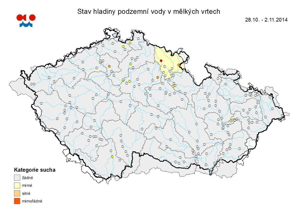 Mapa ukazuje vyhodnocení kategorie sucha ve sledovaných vrtech a oblastech povodí dle pravděpodobnosti překročení úrovně hladin v daném kalendářním měsíci v referenčním období 1981-2010 (viz text).