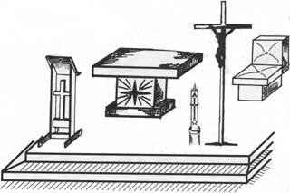 Priestor v kostole a základné liturgické predmety V kostole má všetko svoje miesto. Nič tu nie je uložené náhodne. Všetkým sa sleduje myšlienka, aby služba bola dôstojná, prirodzená, plná lásky.