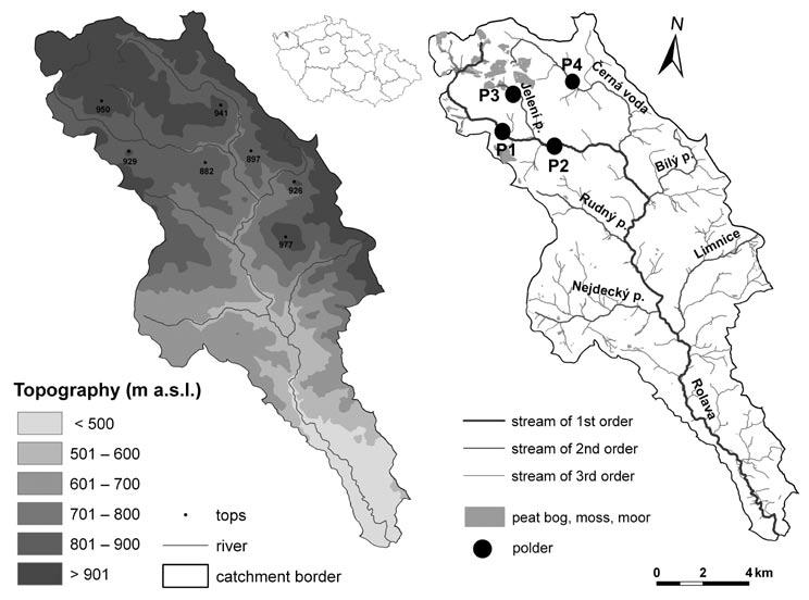 Fig. 1 Rolava River basin topography (left) and hydrography (right) (DIBAVOD, ZABAGED) acter can be affected by placement of drastic flood protection arrangements in the mountain area (Janský, Kocum