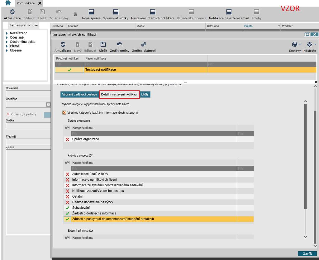Na další záložce Detailní nastavení notifikací si vyberte, jestli chcete zasílat notifikace ze všech kategorií nebo jenom určitý výčet. V rámci interních notifikací lze nastavit i výčet lhůt.